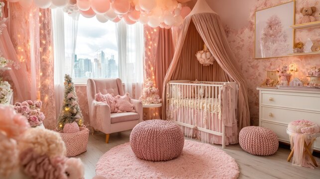 Extravagant nursery room decorated in various shades of soft pink features a crib and comfortable seating area.