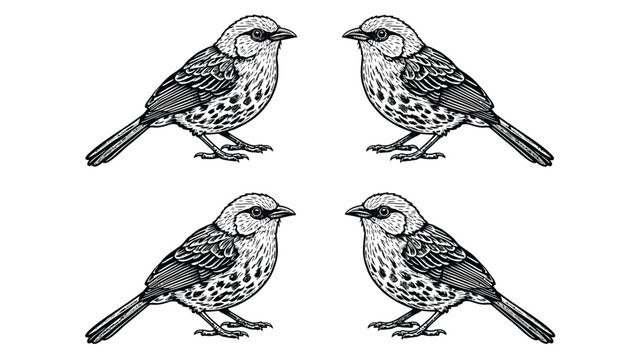 Four identical detailed illustrations of small birds standing on white background, presented in a 2x2 grid.