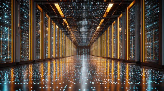 Immense digital infrastructure facility illuminated with rows of glowing server racks extending into the distance.