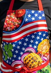 Obraz premium A colorful festive apron featuring a stars and stripes pattern is used for serving grilled food during a sunny outdoor celebration at home, lifestyle, plates, hospitality