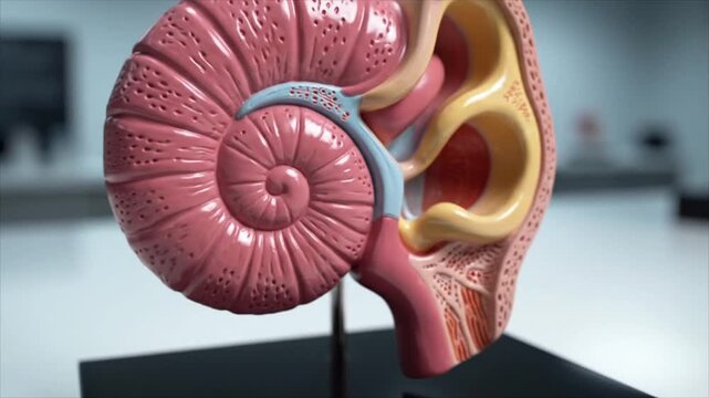 A detailed model of a human ear displayed on a stand in a laboratory setting