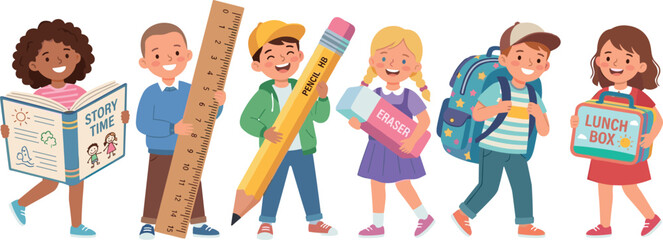 Happy diverse school children holding giant stationery items book pencil ruler eraser backpack and lunchbox vector banner illustration