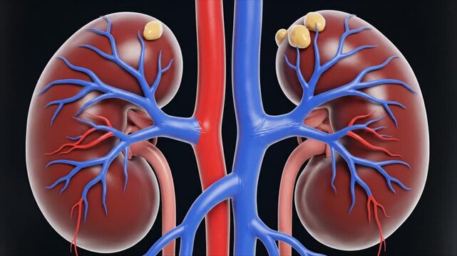 Human kidneys with cysts on surface and renal arteries branching out