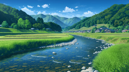 Obraz premium 日本の田舎に広がる田園と曲がりくねる川を描いた自然風景イラスト、農村、里山、集落、民家、水辺、清流、河原、田畑、森林、木々、空、雲、四季、のどか、癒し、郷愁、静寂、穏やか、旅情、観光、旅行、地方、暮らし、環境、自然美、風景素材、背景、壁紙、ポスター、バナー、広告、挿絵、コピースペース、手描き風、アニメ風景、日本風景、川辺、水面、爽快感、日本情緒、癒しの景観、のどかな景観、穏やかな時間、四季の移ろい