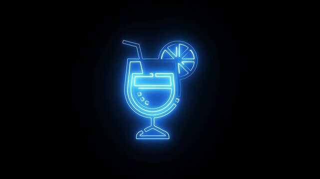 Blue Neon Cocktail Glass with Lemon Slice and Straw Glowing on Black Background alcohol beverage