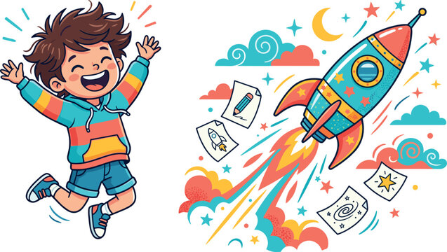Happy excited cartoon boy jumping next to flying space rocket imagination and creative dream concept vector illustration