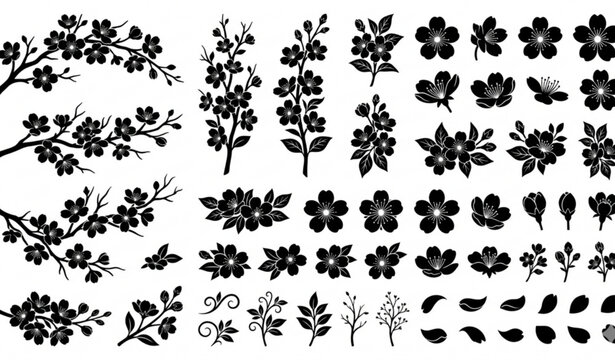 Cherry flower silhouette collection with black sakura vector illustrations