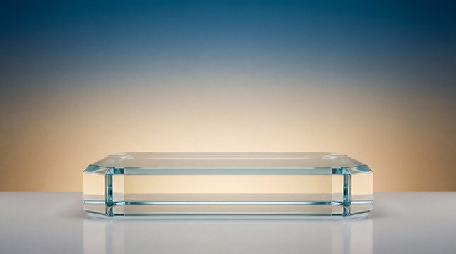A glass transparent podium in rectangle shape for product advertising stage background platform or empty luxury pedestal exhibition scene. Gradient background