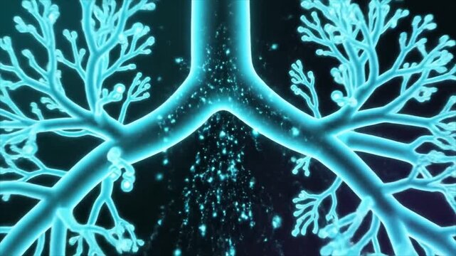 Glowing blue bronchial tubes branch out in a tree-like pattern on a dark background with particles floating through