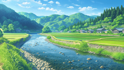 Obraz premium 日本の農村を流れる澄んだ川と穏やかな自然を描いた風景イラスト、田舎、里山、田園、集落、民家、渓流、水辺、河原、田畑、森林、木々、空、雲、四季、癒し、郷愁、静寂、旅情、観光、旅行、地方、暮らし、自然美、風景素材、背景、壁紙、ポスター、バナー、広告、挿絵、コピースペース、手描き風、アニメ風景、日本風景、川辺、透明感、爽快感、自然素材、環境、季節感、安らぎ、情緒、のどかな景観、穏やかな時間、四季の移ろい