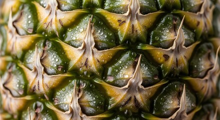 Fototapeta premium Close up of pineapple skin texture with green and yellow scales.