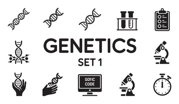 Genetics set one vector icons dna structure medical research genetic code symbols.