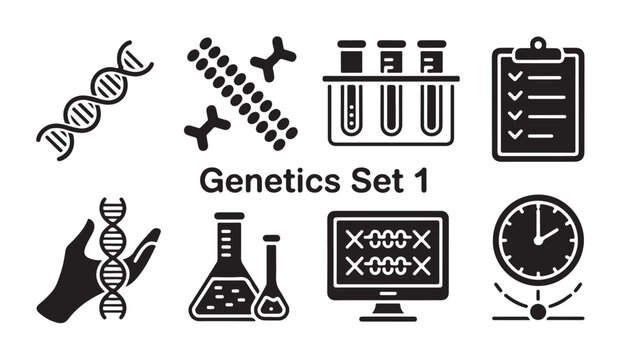 Genetics set one vector icons dna structure medical research genetic code elements.