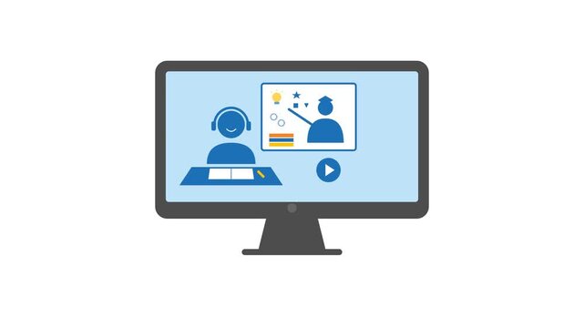 Animated Online Learning Platform Displayed on a Monitor Screen with Student and Teacher Icons for Digital Education