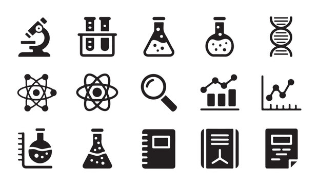 Scientific research icon collection including laboratory equipment data charts and documents.
