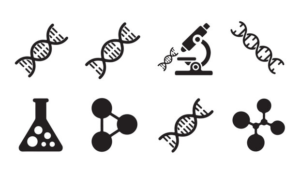 Biological science icons featuring dna strands microscope flask and molecular structures.