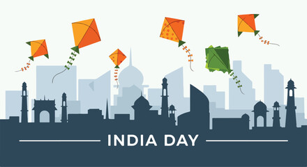 Colorful kites fly over a city skyline on India Day © Davida
