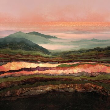 Dream-weaving earthscape featuring layered soil and roots forming surreal hills under an orange-pink sky. Ribbons of glow drift through the hazy, tranquil atmosphere as a slow blues ballad unfolds, w