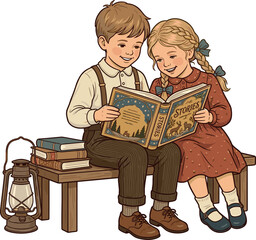Vintage retro style little boy and girl sitting on wooden bench reading storybook together with old lantern vector illustration