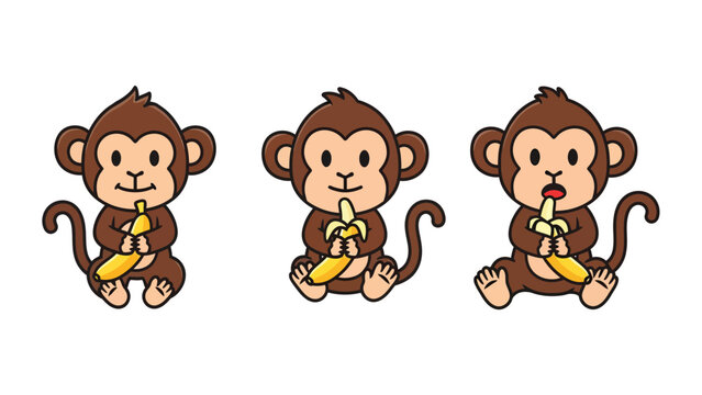Three cute cartoon monkeys sitting and eating bananas, isolated on white background.