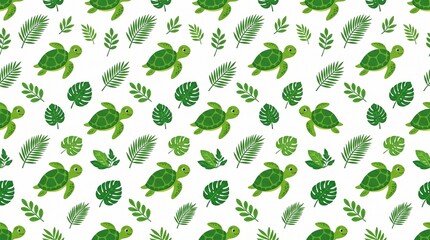 Fototapeta premium Turtles and leaves pattern design on a white background shows the beauty of nature and marine life in a fun and simple way