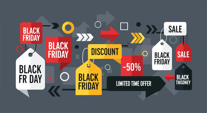 Colorful Black Friday sale tags on gray background