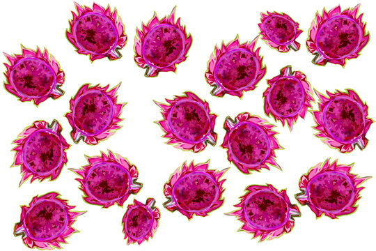 collection of ripe dragon fruit pieces that have been cut open without background