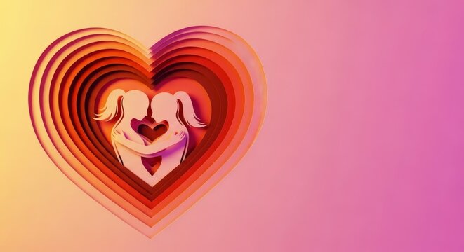A sophisticated multi-layered heart design with paper cut silhouettes showcasing a protective embrace and deep affection in warm tones, kindness, affection, luxury