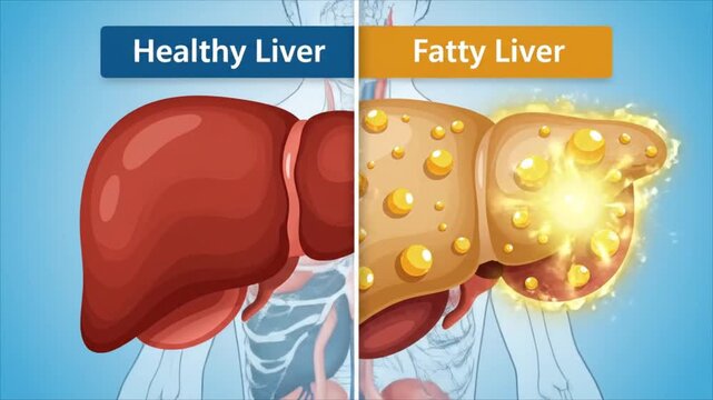 Comparison of a healthy liver and a fatty liver with notable differences