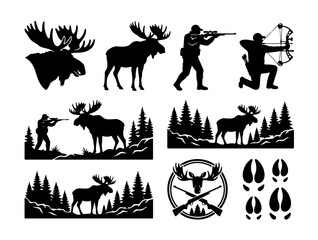 Fototapeta premium Moose Hunting Silhouette Bundle with Hunter Archer Wildlife Forest Vector Set