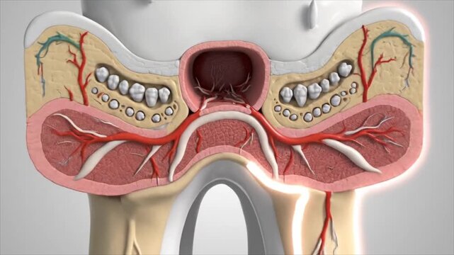 Anatomical illustration of a human mouth and jaw with teeth, gums, and blood vessels, showcasing dental structure and oral health.