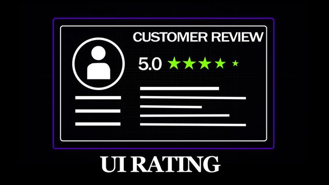 Animated customer review ui interface featuring five star rating system and user profile for digital marketing, e-commerce feedback, software application development, and business analytics