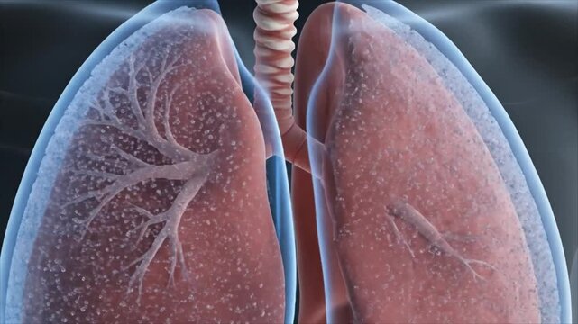 Anatomical illustration of human lungs with trachea and bronchi in a transparent chest