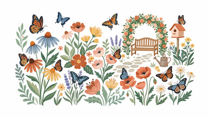 Butterflies and flowers garden scene. © Dasim