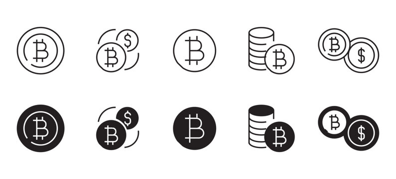 Bitcoin Cryptocurrency and Digital Blockchain Coin Vector Icon Set for Fintech Electronic Payments