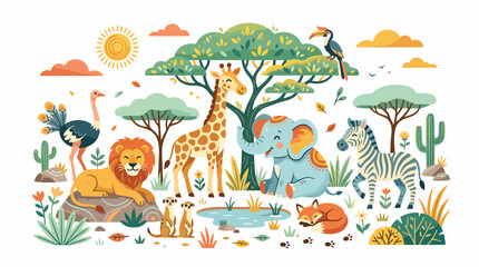 Colorful Safari Animals in Nature Scene. © habibi