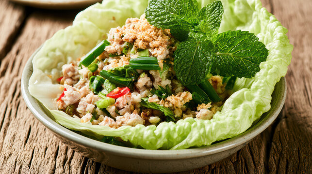 thai spicy minced chicken salad recipe with fresh herbs