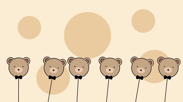 Multiple cute brown teddy bear faces on balloon strings with large beige circles in the background creating a playful scene