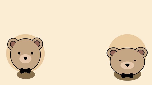 Two cute brown teddy bear faces with bow ties facing each other on a soft beige background in a simple minimalist composition