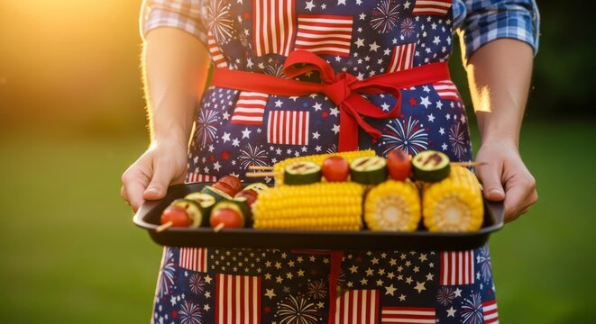 A festive apron with red, white, and blue patterns is seen while serving grilled corn and skewers during a sunny outdoor backyard picnic, table, summer, corn
