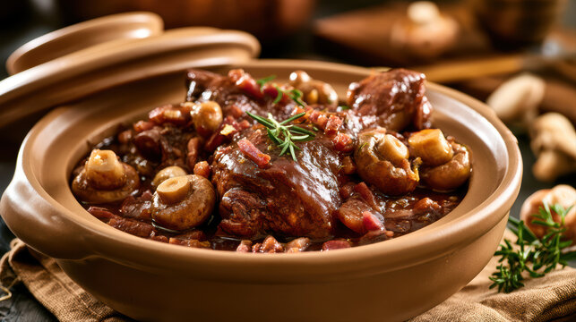 coq au vin - classic french chicken dish food photography