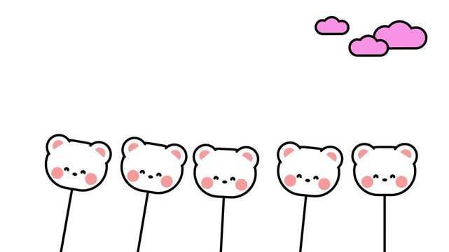 A row of cute white kawaii bear faces on sticks with pink clouds floating above them in a fun parade-like arrangement