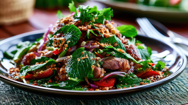 thai roasted pork neck salad nam tok food photography