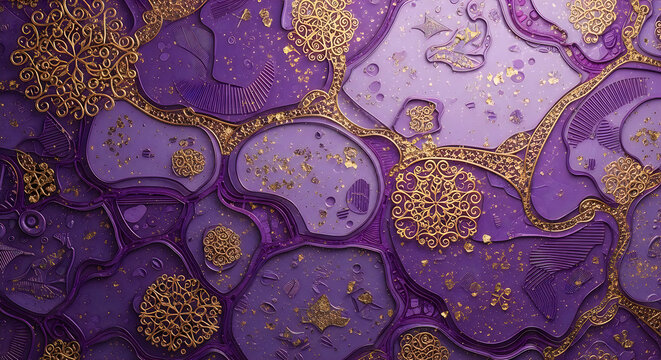 Intricate gold floral and geometric pattern on purple background