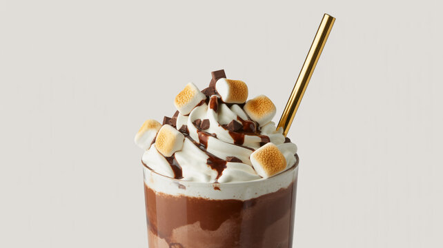 Decadent chocolate milkshake topped with whipped cream and marshmallows