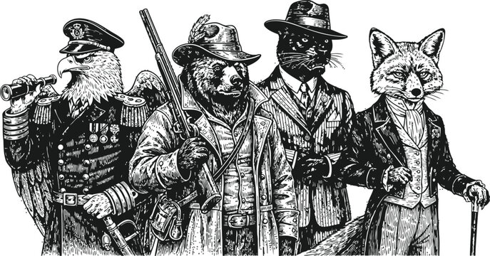 Anthropomorphic animals in vintage attire representing a criminal syndicate during a clandestine meeting