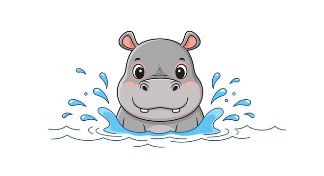 Smiling Cartoon Hippopotamus in Water.