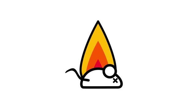 A small cute mouse or animal sitting next to a bright orange flame or fire on a white background in simple cartoon style