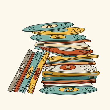 Colorful stack of vinyl records.