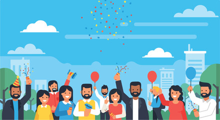 Diverse group celebrating outdoors with confetti and balloons © Delina